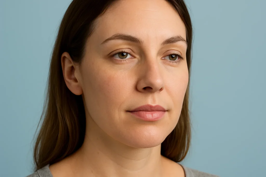 Woman with natural proportionate lips, serene expression explaining filler dissolution, light blue background