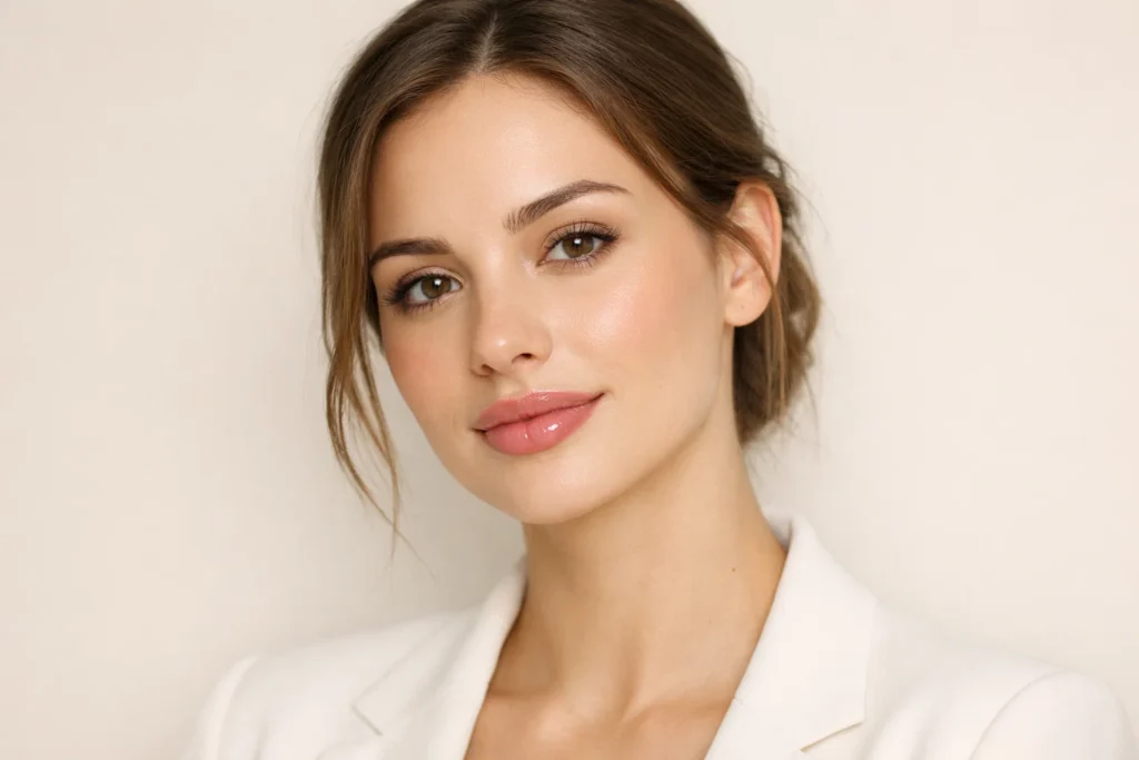 Close-up portrait showing hyaluronic acid lip filler results with natural volume and definition.