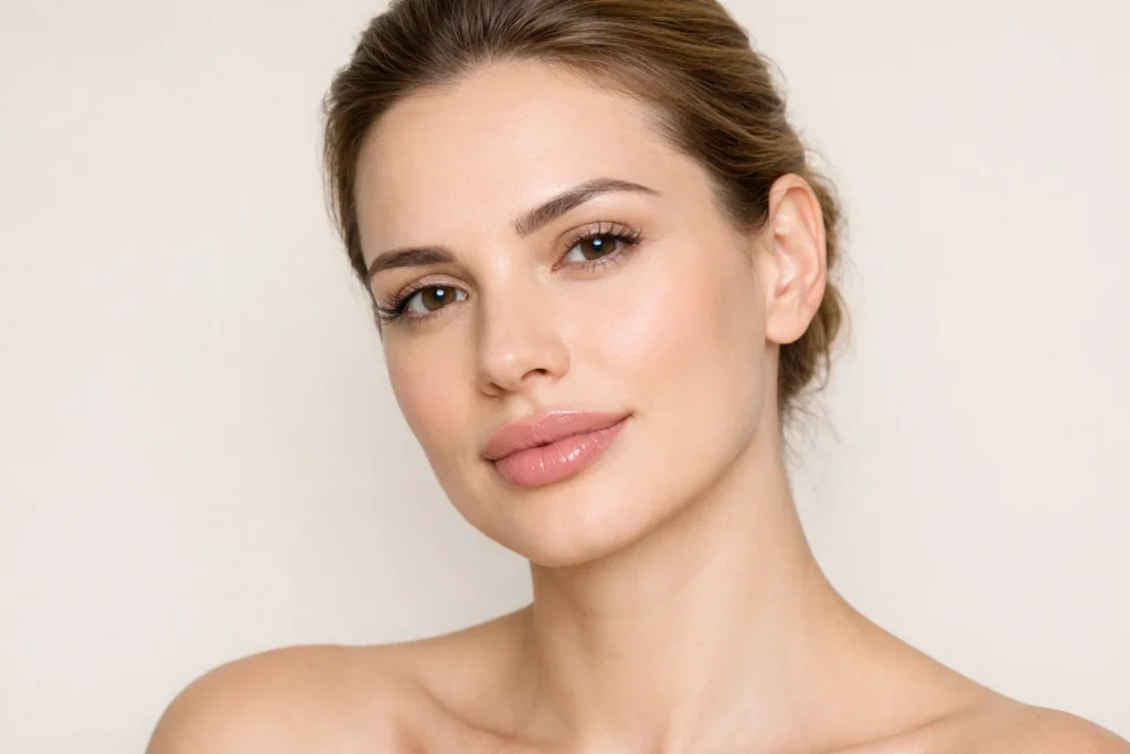 Woman with naturally enhanced lips explaining hyaluronic acid filler composition and treatment benefits.