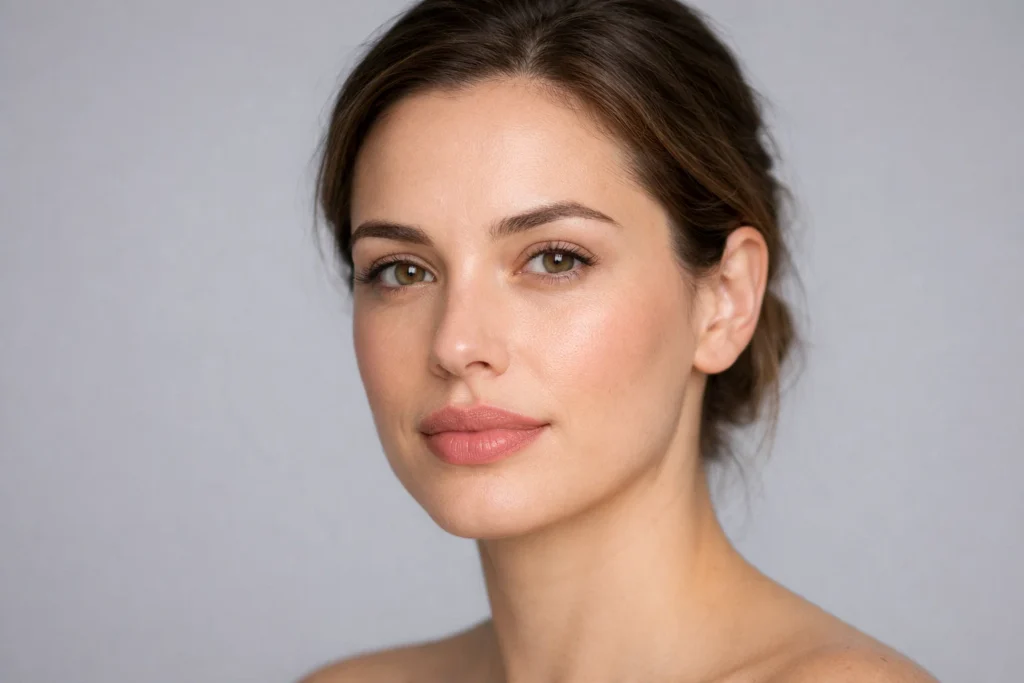 Woman showing natural lip enhancement results from hyaluronic acid-based dermal filler treatment.