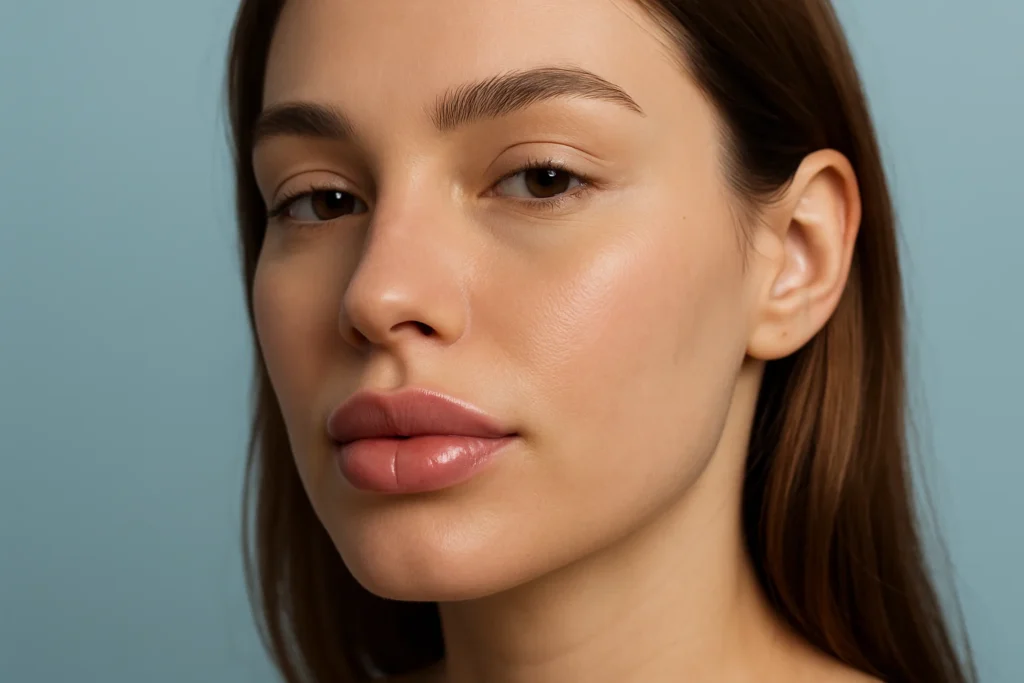 Close-up of woman's enhanced lips explaining permanent lip filler augmentation concept and results