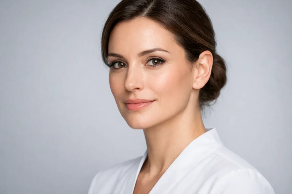 Woman with hydrated and natural lips on a pale beige background showing filler benefits.