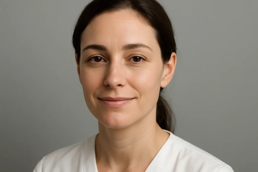 Confident woman with natural lips showing trust in professional dissolution services, warm expression, grey background