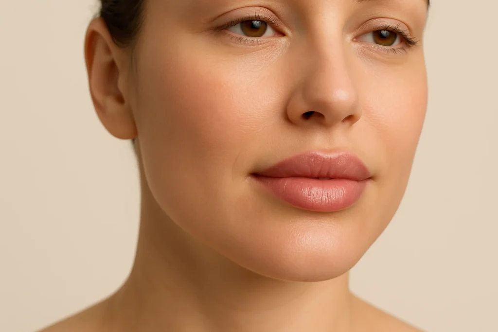 Confident patient with natural lip enhancement results demonstrating expert clinic care and quality treatment