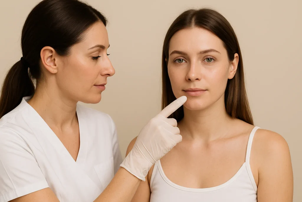 Realistic photo of a patient looking at the camera while a practitioner discusses the causes of filler migration.