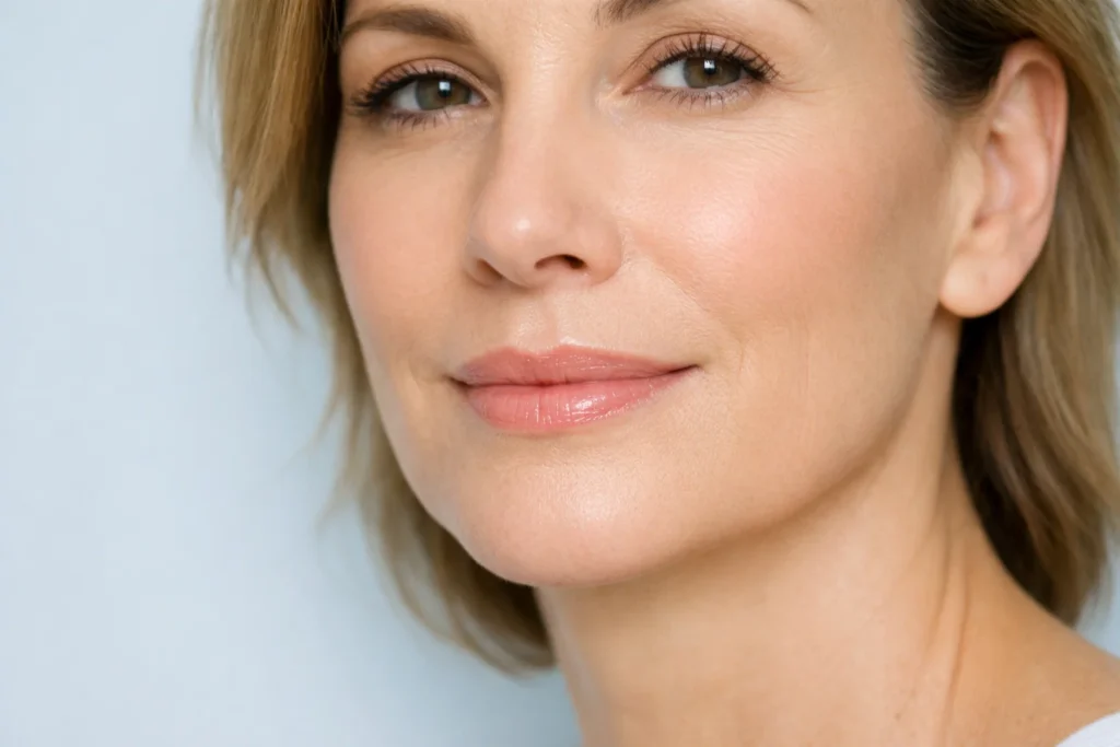 Woman with refined lip area skin texture after advanced energy-based cosmetic treatments