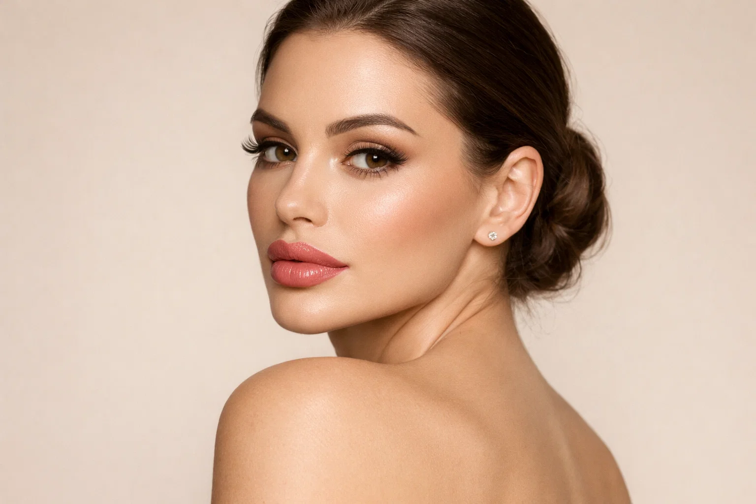 Woman showing advanced lip augmentation results with enhanced shape and volume