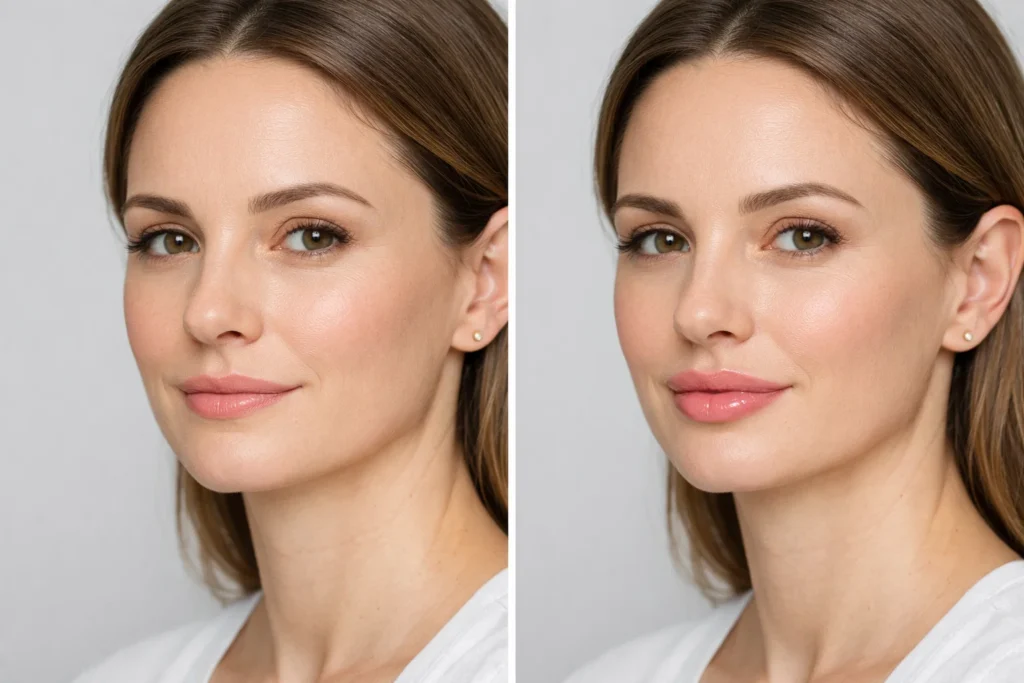 Before and after comparison of lip filler results showing natural volume enhancement and improved lip definition.