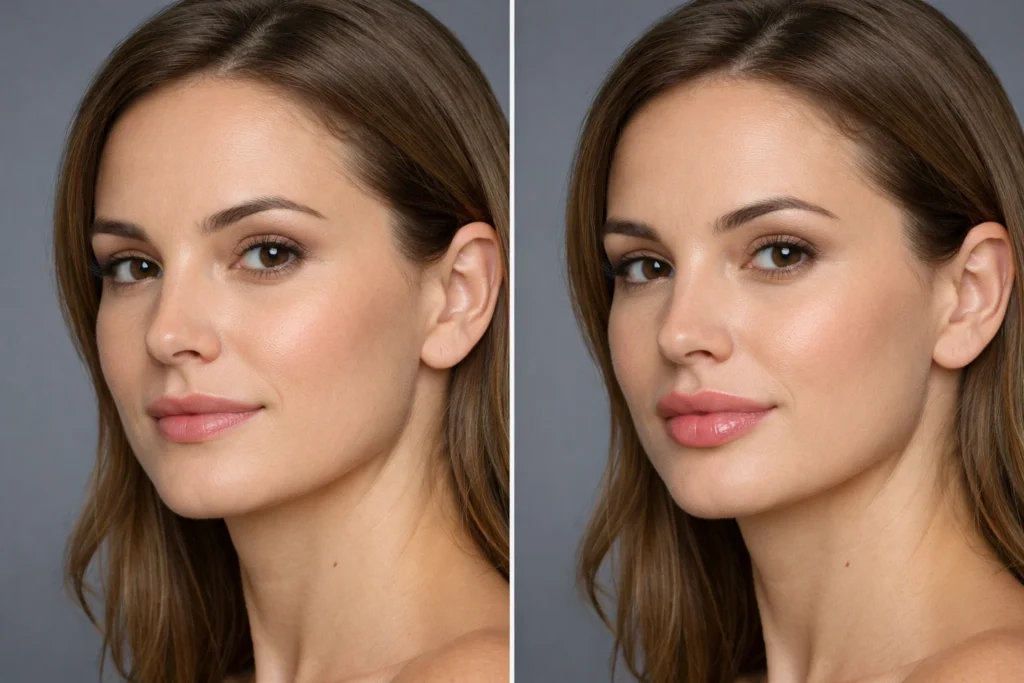 Before and after comparison of natural lip enhancement results following dermal filler treatment in Tyburina.