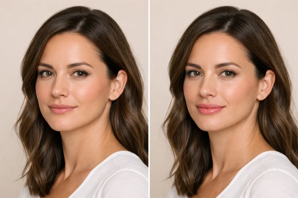 Before and after lip filler treatment results in Camden showing natural volume enhancement and improved lip contour.