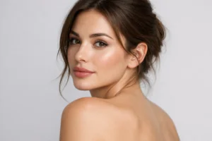 Woman with natural full lips showcasing professional lip filler results in clinical beauty portrait