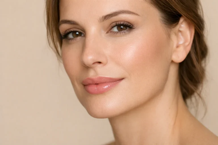 Woman with smooth skin around lips showcasing results of non-surgical lip line treatments in natural lighting