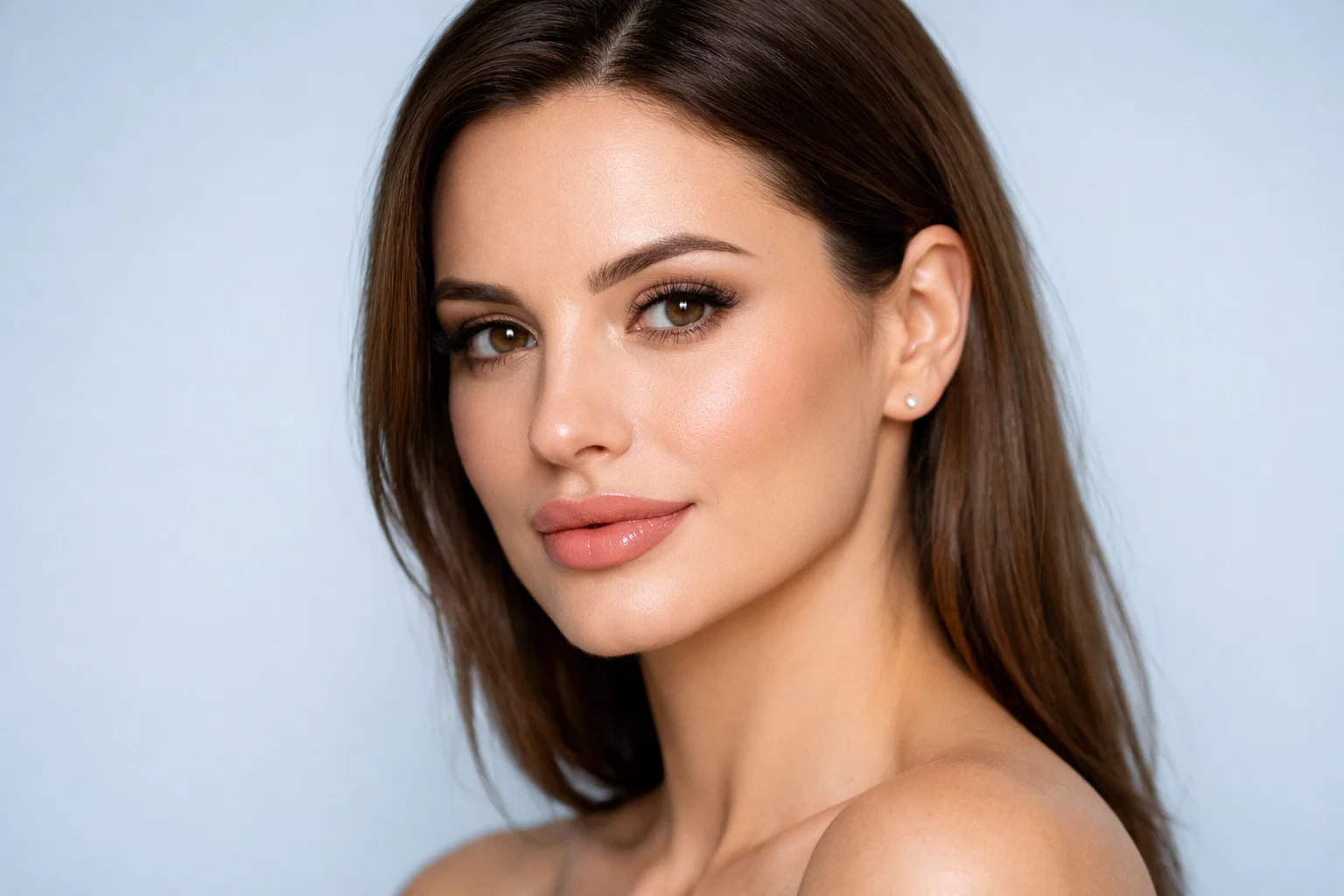 Woman displaying various lip filler shape possibilities with naturally enhanced balanced proportions