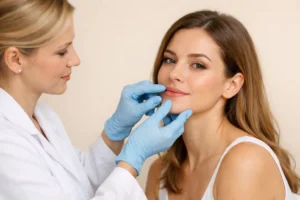 Aesthetic practitioner examining patient's lips during consultation for lip filler treatment planning