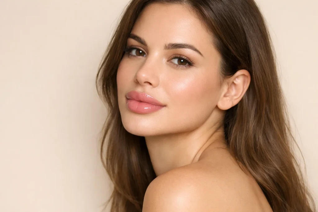 Woman with fuller lips from dermal filler treatment on warm beige background