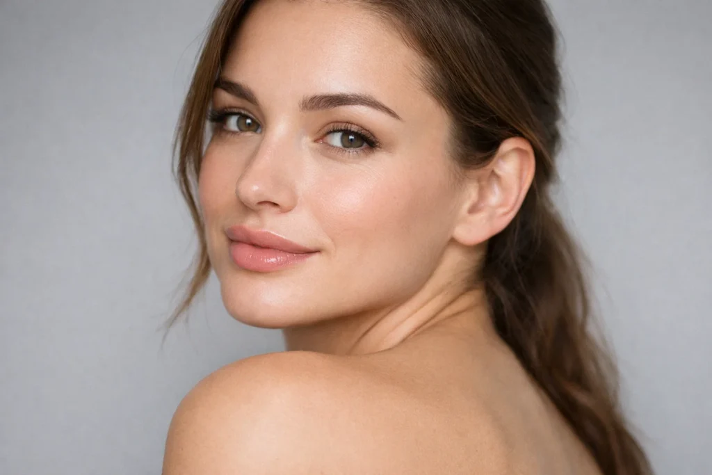 Woman displaying natural lip enhancement results from foundational filler injection techniques