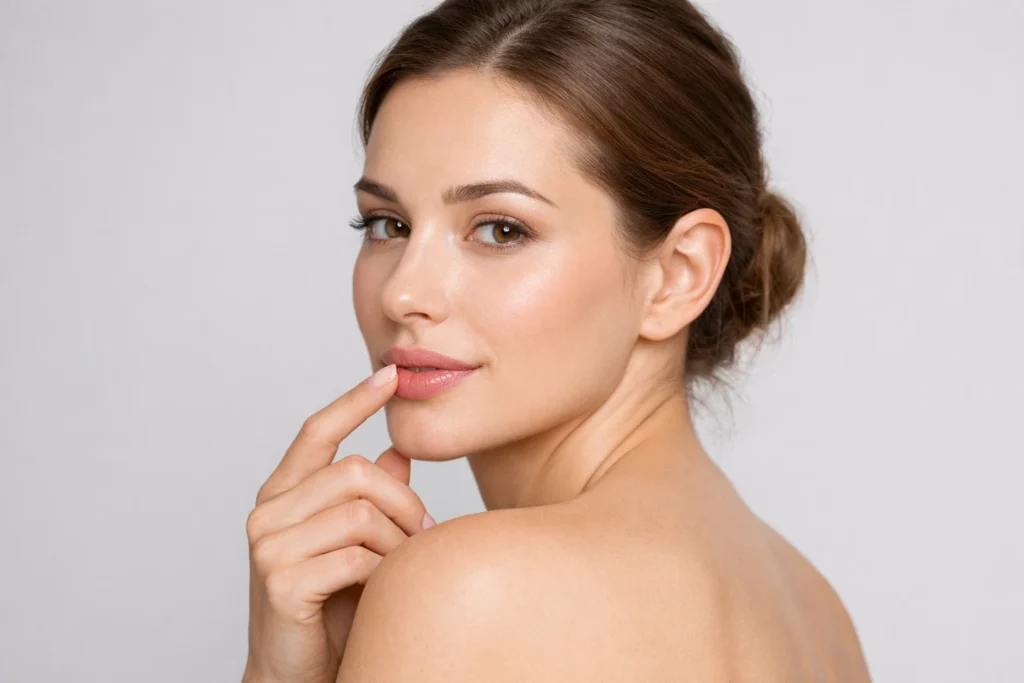 Woman examining her lips after filler treatment, identifying potential cold sore symptoms