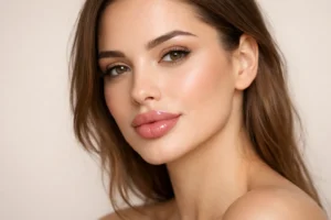 Woman with naturally enhanced lips demonstrating modern lip filler aesthetic results in professional beauty portrait