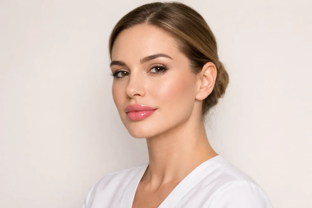 Professional lip filler treatment process showing enhanced natural-looking results after dermal filler procedure.