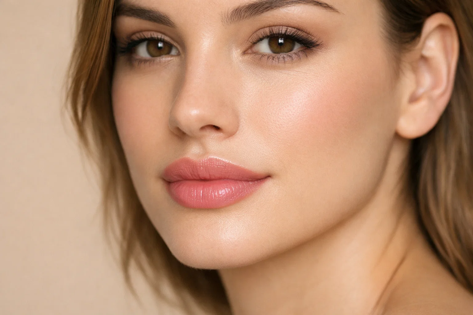 Woman with naturally enhanced lips after professional lip filler treatment in Tyburina clinic.