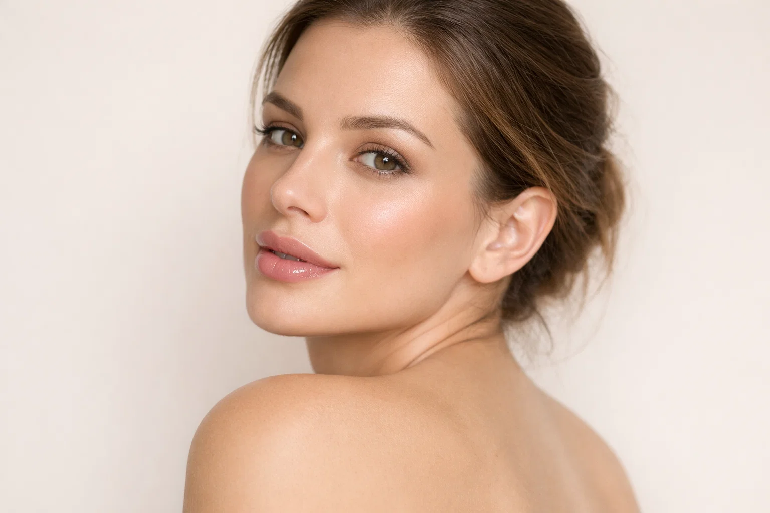 Woman comparing lip enhancement options, looking over shoulder at camera on beige background