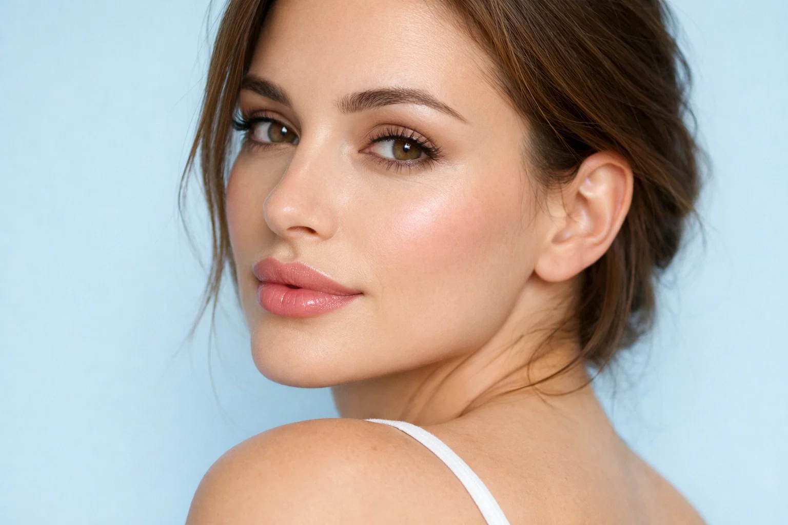 Woman showing lip flip enhancement results, looking thoughtfully at camera on blue background
