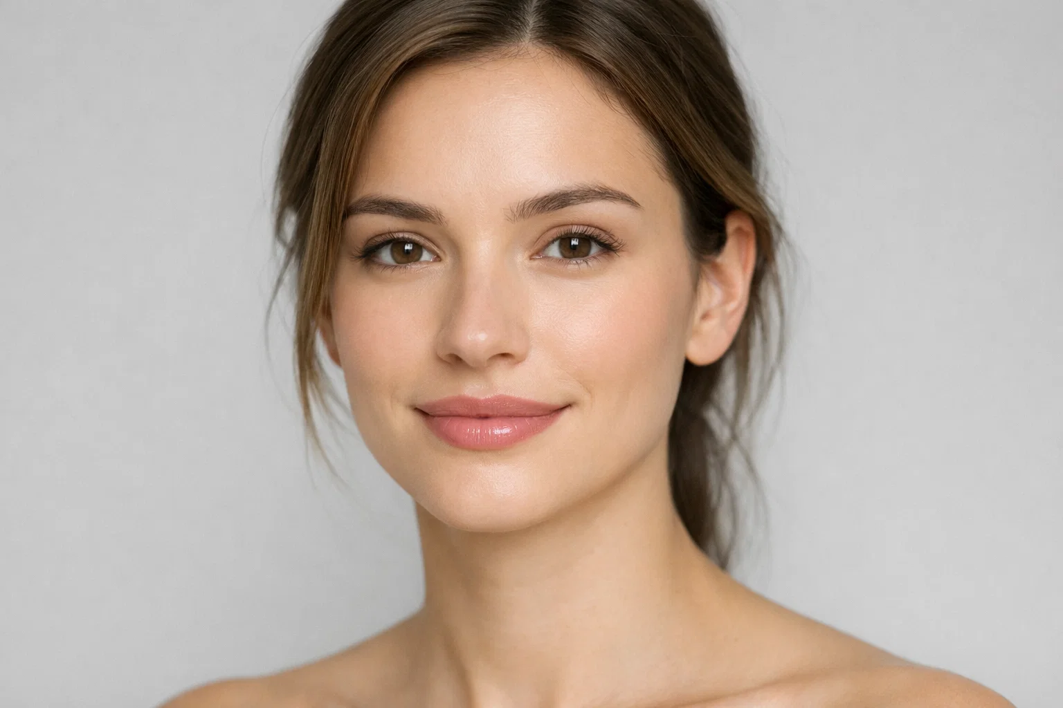Woman demonstrating natural lip flip results with gentle smile on soft grey background