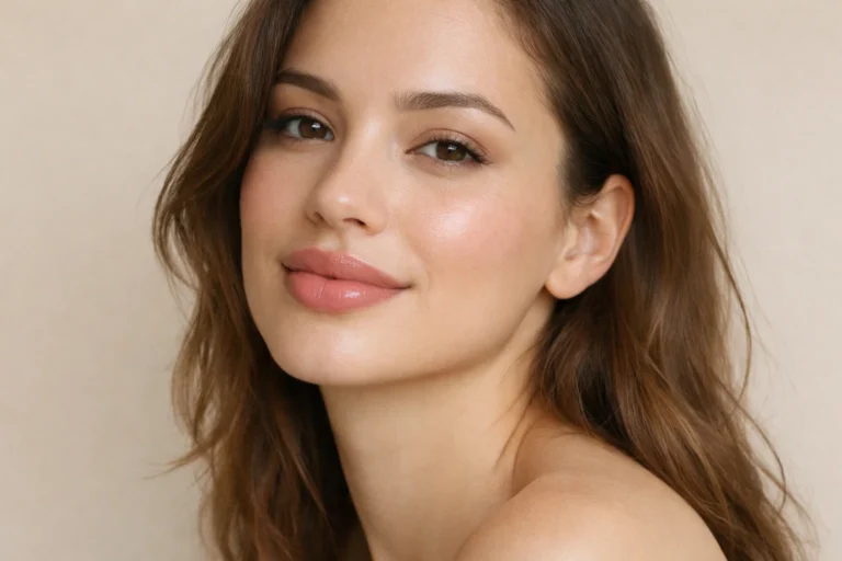 Woman with natural full lips looking at camera, demonstrating lip enhancement results on neutral beige background