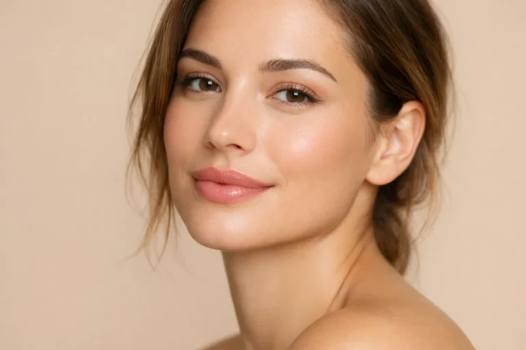 Woman with naturally enhanced lips smiling softly, showcasing subtle lip filler results in professional aesthetic clinic setting