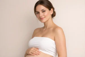 Pregnant woman gently touching her lips while considering cosmetic treatment safety during pregnancy