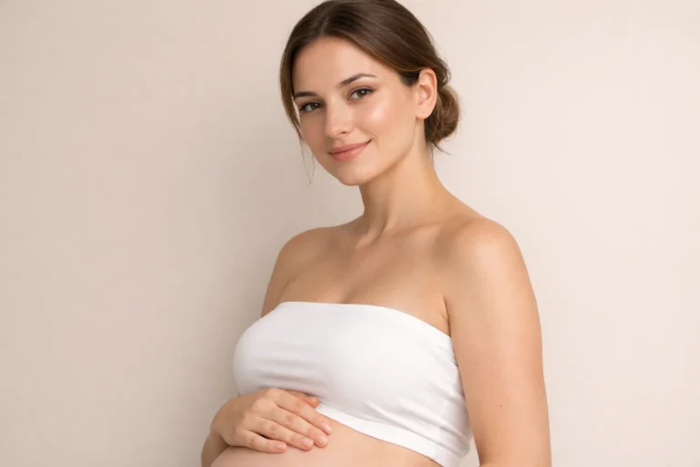 Pregnant woman gently touching her lips while considering cosmetic treatment safety during pregnancy