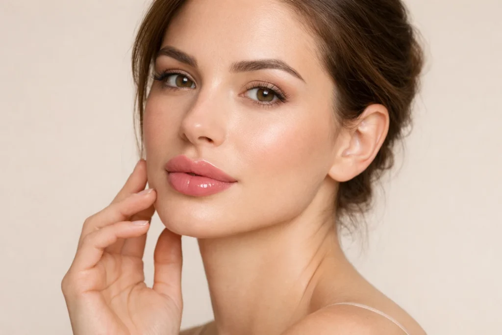 Woman demonstrating natural lip appearance enhanced with hyaluronic acid-based dermal fillers.