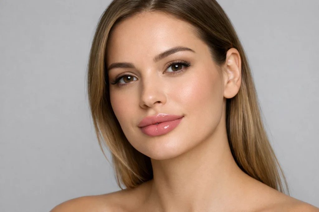 Woman showing natural lip filler results with hyaluronic acid-based dermal fillers and enhanced volume.