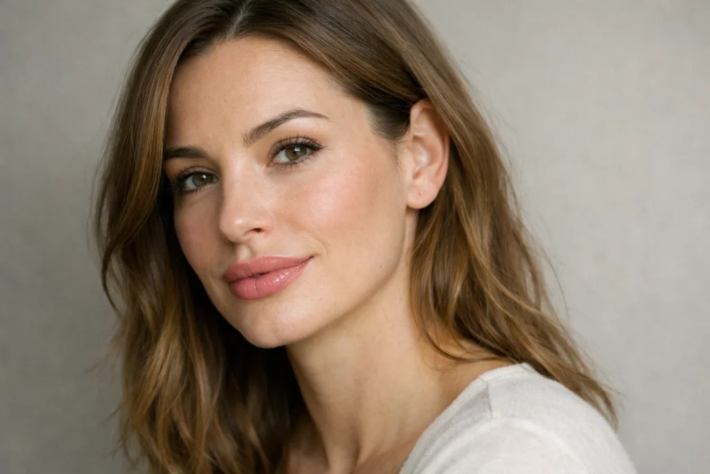 Woman with naturally enhanced lips showing calm post-treatment recovery expression