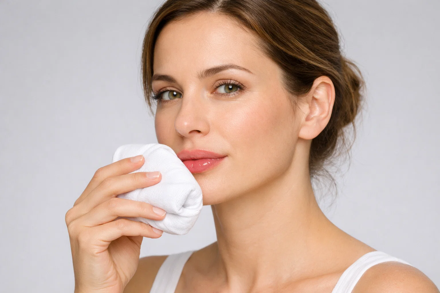 Woman using cold compress on lips to reduce swelling after filler treatment at home