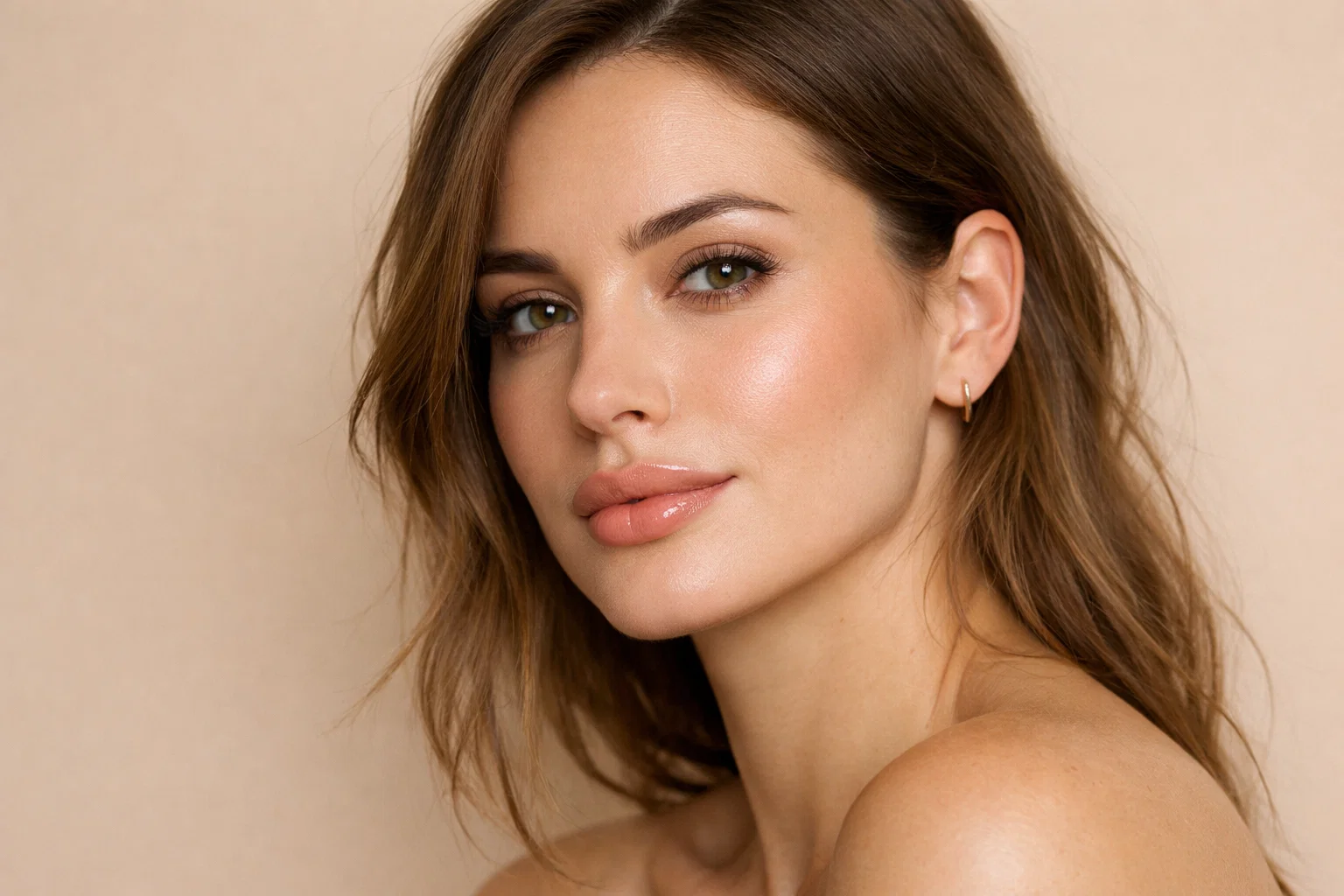 Young woman with natural fuller lips looking calmly at camera on neutral beige background