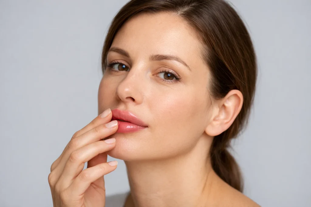Woman examining her lips showing normal swelling after lip filler injection procedure