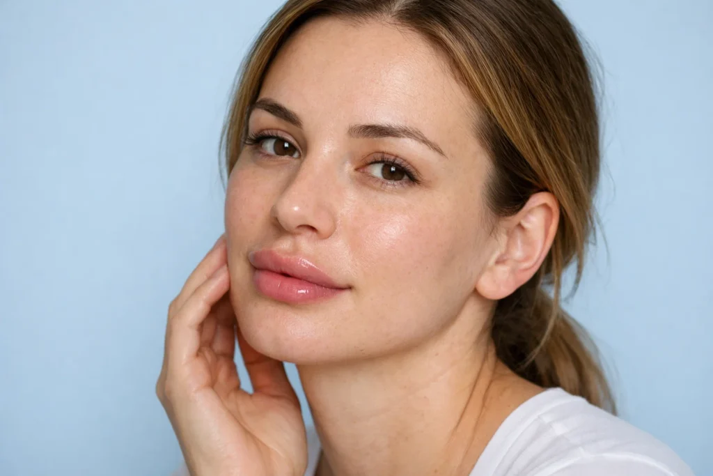 Woman in mid-recovery phase showing gradual reduction of lip filler swelling over time