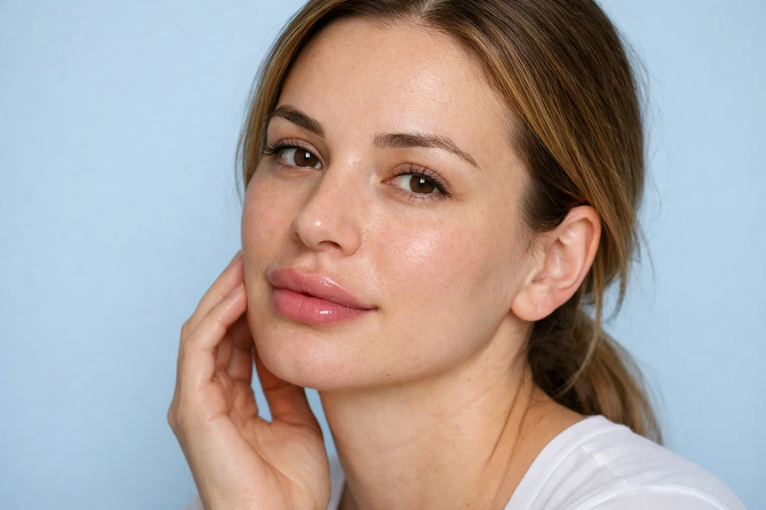 Woman in mid-recovery phase showing gradual reduction of lip filler swelling over time