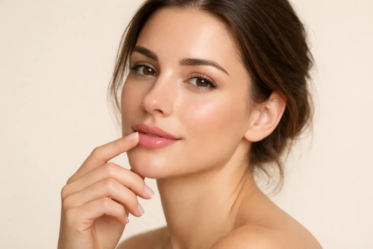Woman gently touching her lips showing natural results after lip filler treatment with minimal swelling