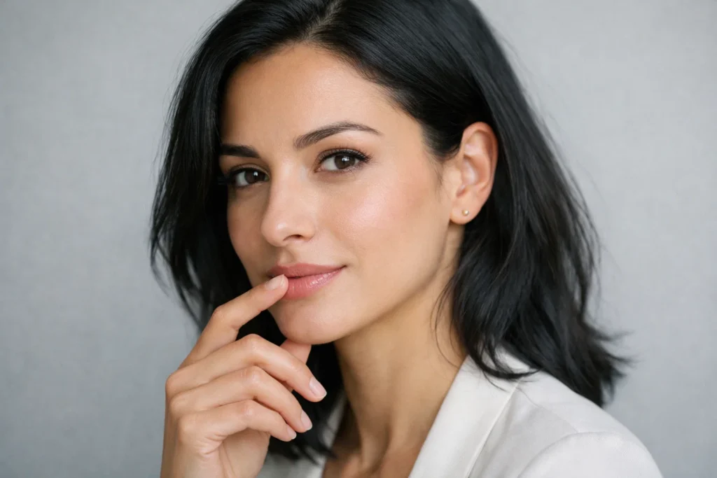 Woman gently touching her lip with calm expression on soft grey background