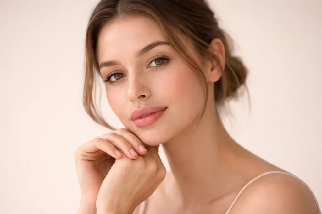 Woman displaying typical mild swelling expected during normal lip filler recovery process