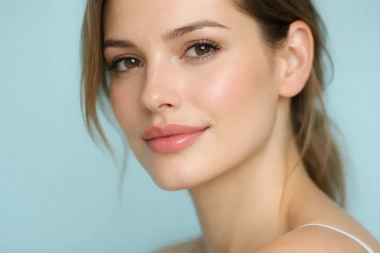 Woman with naturally enhanced lips showing ideal lip filler results in professional aesthetic clinic photography