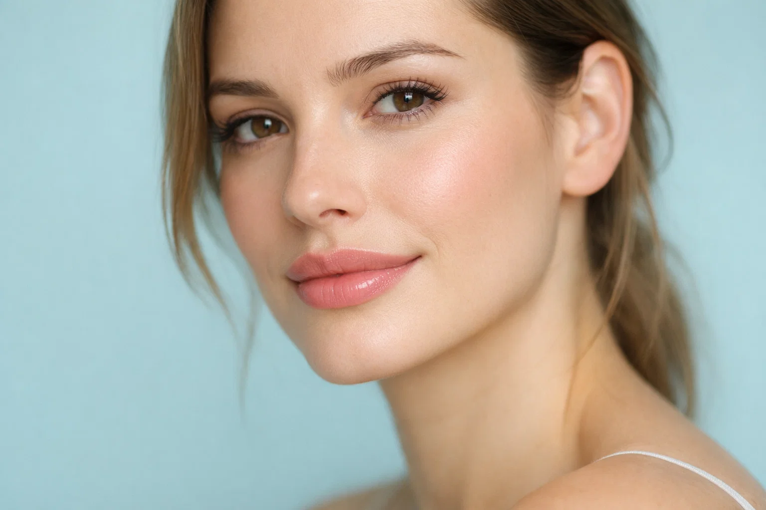 Woman with naturally enhanced lips showing ideal lip filler results in professional aesthetic clinic photography