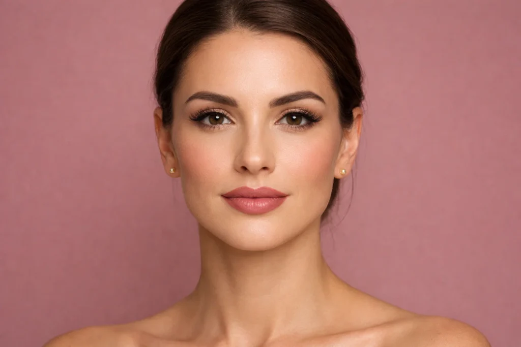 A woman with symmetrical and defined lips showcasing aesthetic beauty goals on a dusty rose background.