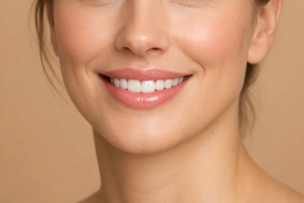 Close-up of a woman's lower face showing firm skin and natural lip volume on a warm beige background.