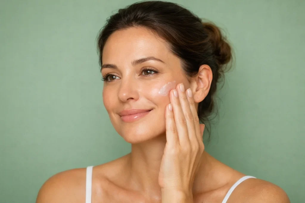 A woman gently touching her face against a soft sage-green background, representing at-home skincare.