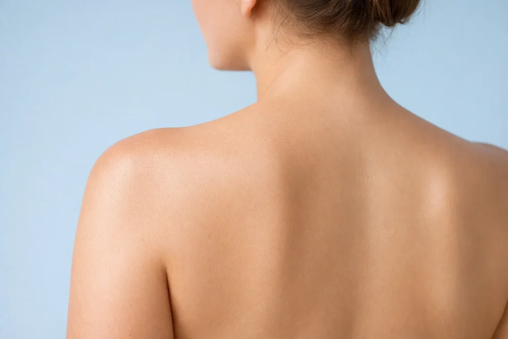 Clear skin on a person's upper back and shoulders against a calm pale blue background.