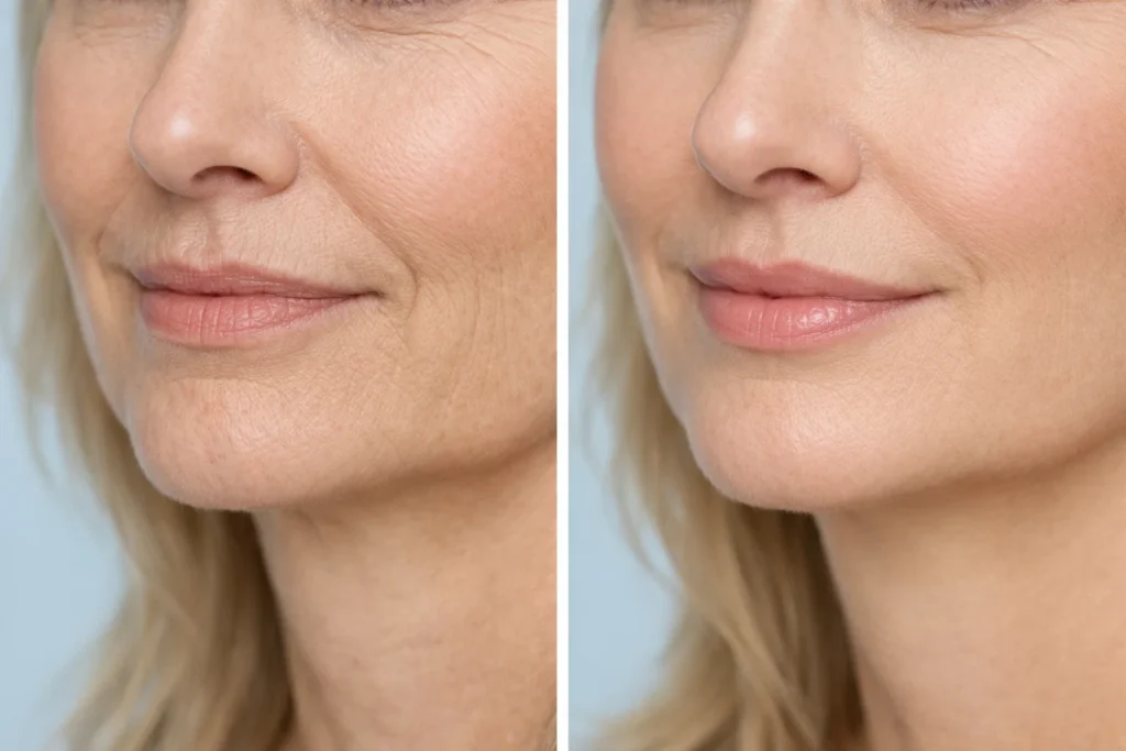 Before and after comparison showing reduction of smoker's lines around mouth following dermal filler treatment