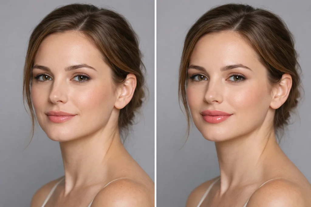 Before and after comparison showing natural thin lips transformation with hyaluronic acid filler treatment